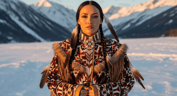 Native American woman in tribal-patterned winter coat standing in snowy mountains at sunset, with beadwork, feathers, and leather details