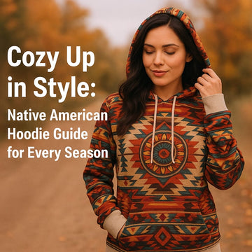 Woman standing on a woodland path in autumn wearing a colorful, geometric Native American–inspired hoodie; overlay text reads ‘Cozy Up in Style: Native American Hoodie Guide for Every Season’