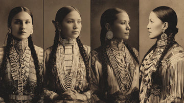 Four portraits of a Plains woman in buckskin dresses with beadwork, fringe, and feathers.