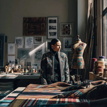 A Native American fashion designer stands in a sunlit studio, draping a contemporary leather jacket inspired by traditional beadwork