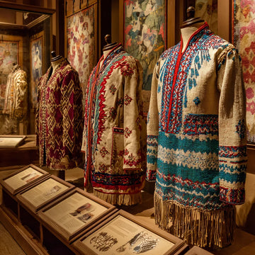 Museum-style display of traditional Native American garments—Plains beadwork war shirt, Southwest woven robe, Great Lakes ribbon skirt, and Northwest Coast button blanket—with close-up insets highlighting beadwork, quillwork, and embroidery techniques