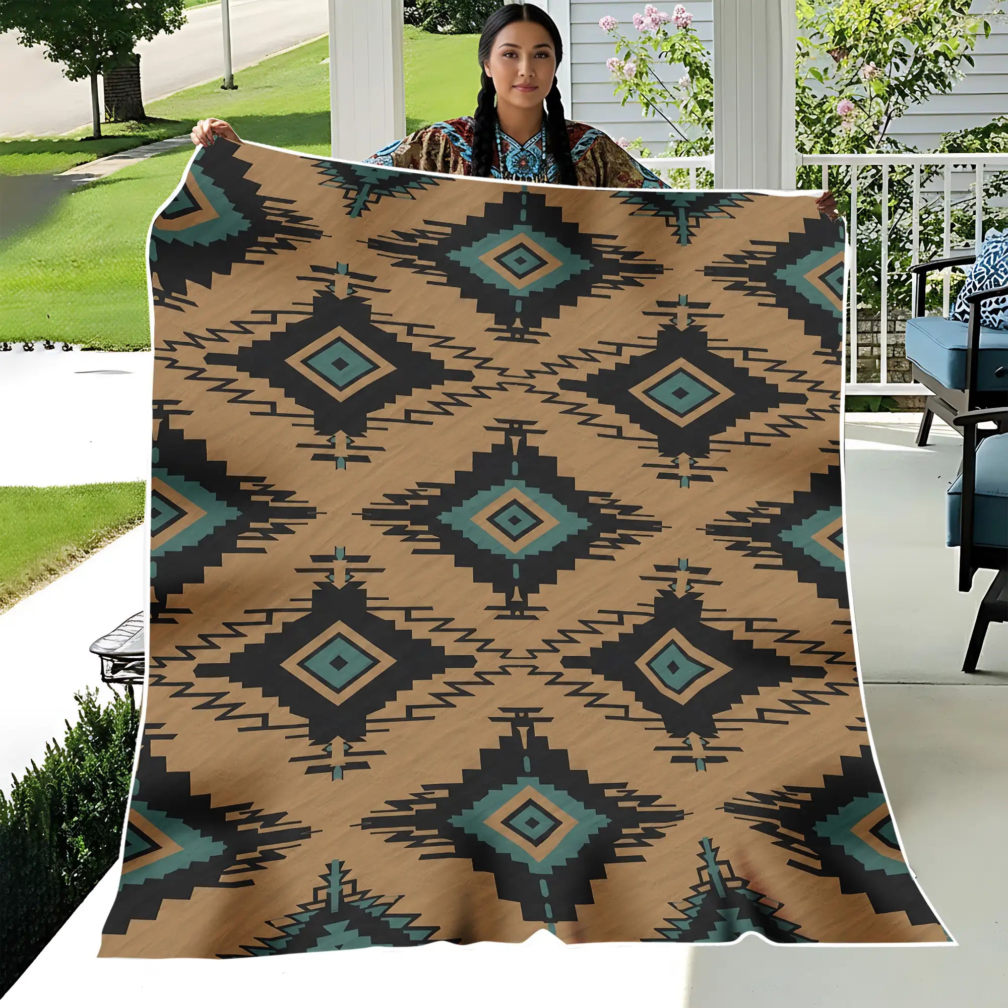 Native America Tribal Diamond Blanket, Brown Black Geometric