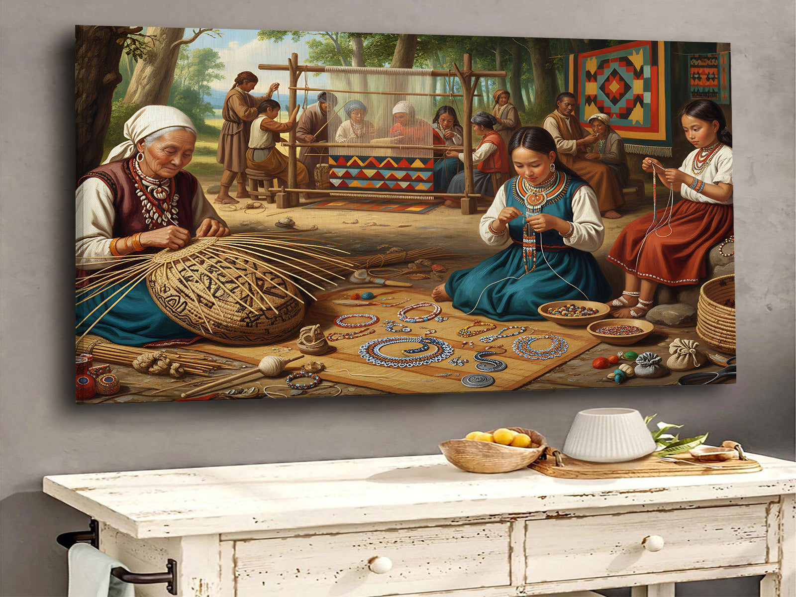 Vintage Tribal Beadwork and Weaving Scene, Indigenous Craftwork