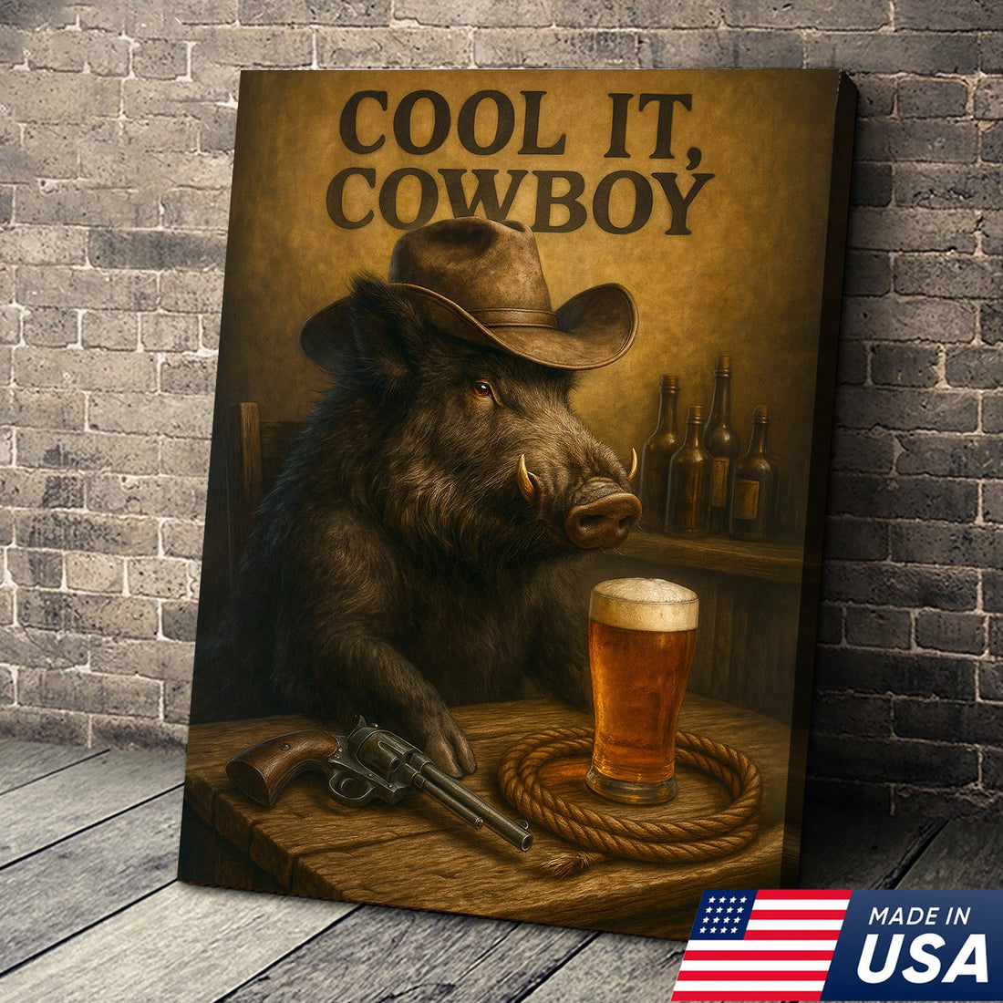 Funny Wild Boar Cowboy Canvas – Rustic Wildlife Bar Wall Art Gift for Hunters, Lodge and Cabin