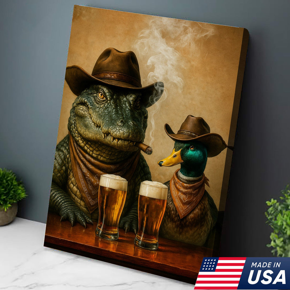 Funny Alligator and Duck Cowboy Canvas – Rustic Wildlife Bar Wall Art Gift for Hunters and Lodge