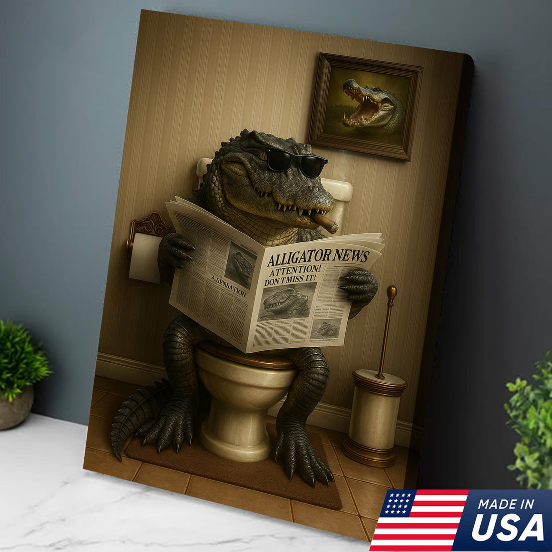 Funny Alligator Bathroom Smoking Canvas Wall Art – Unique Rustic Wildlife Lodge Decor & Gift Idea