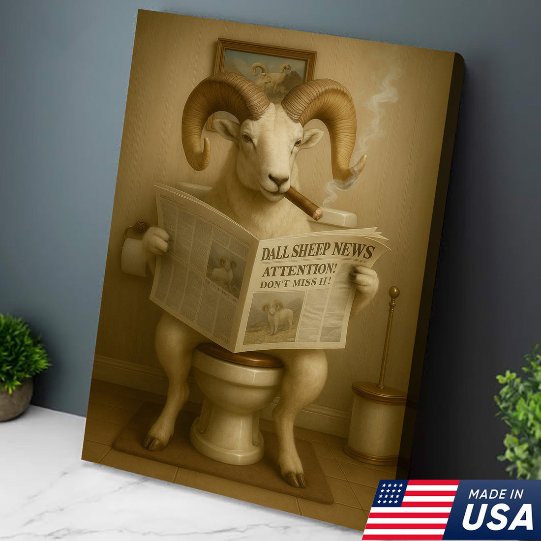Hilarious Dall Sheep Canvas Wall Art – Rustic Bathroom Decor Perfect for Hunters and Nature Lovers