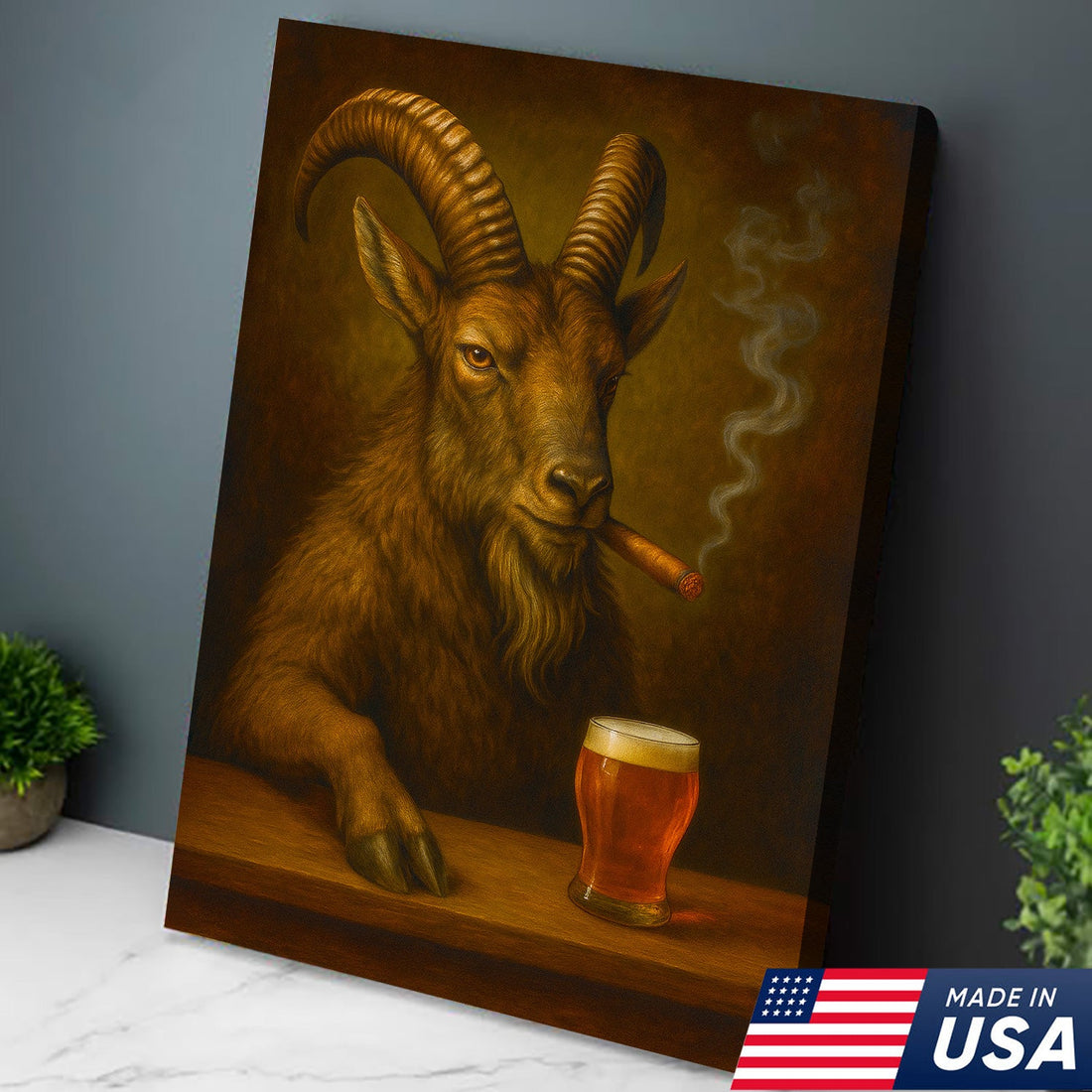 Funny Mountain Goat Smoking And Beer Canvas Wall Art - Hunting Perfect Gift for Hunters & Cocktail Glasses Lovers