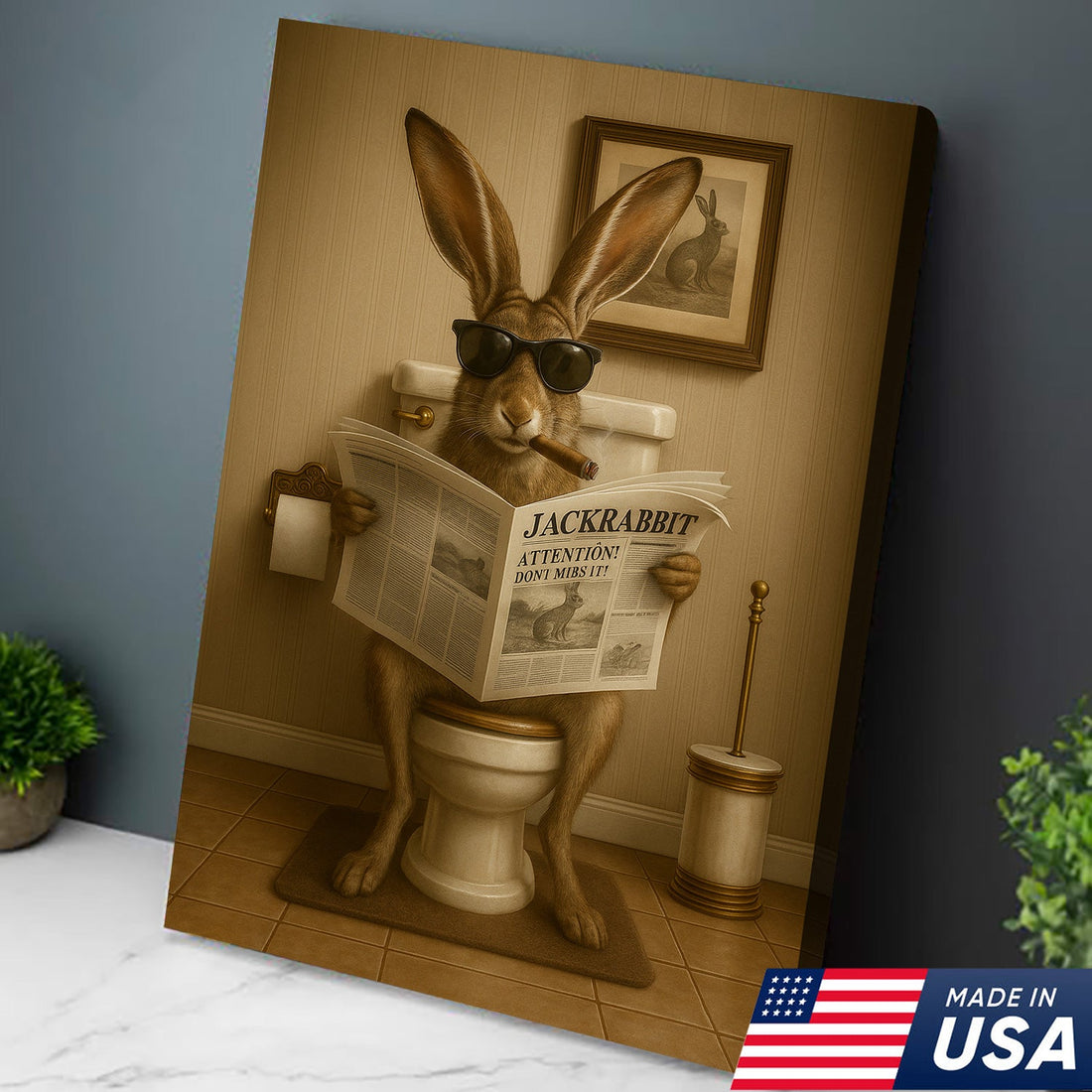 Funny Jackrabbit Bathroom Canvas Wall Art – Rustic Wildlife Lodge Decor Gift for Hunters & Cabin