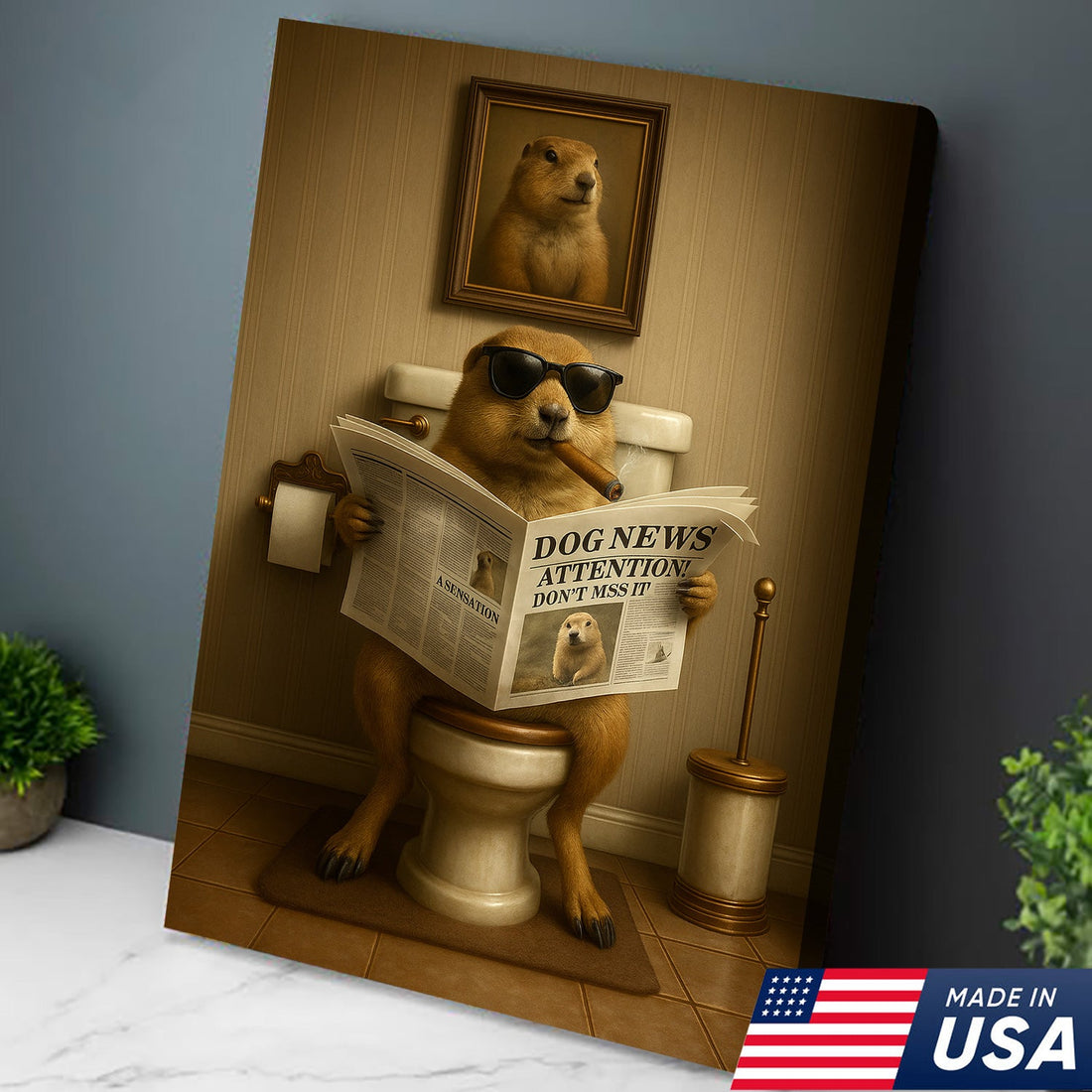 Funny Prairie Dog Bathroom Canvas – Rustic Wildlife Lodge Wall Art Gift for Hunters and Cabin