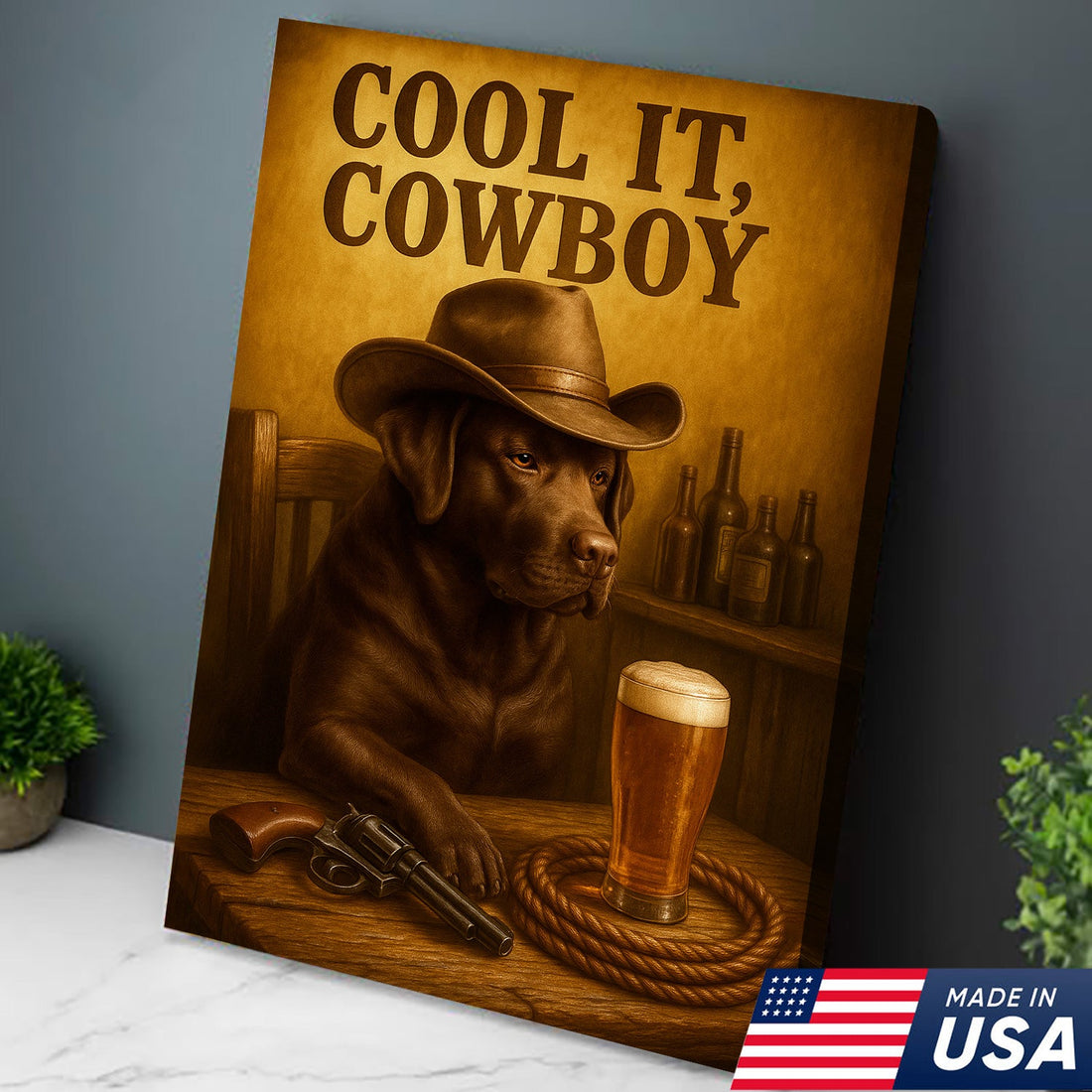 Funny Cowboy Labrador Dog Canvas Wall Art – Rustic Beer Bar Decor Gift for Hunters, Lodge and Cabin