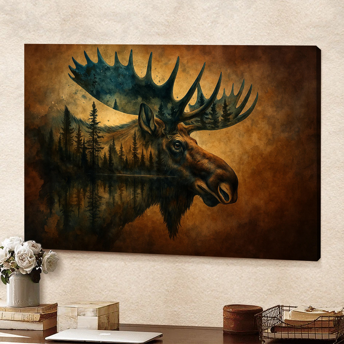 Moose Double Exposure Canvas Wall Art – Rustic Wildlife Lodge Cabin Decor, Nature-Inspired Hunting Gift