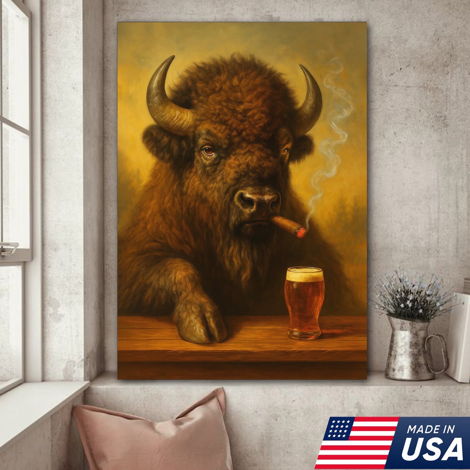 Funny Bison Smoking & Drinking Canvas Wall Art - Rustic Bar