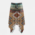 Front view of an asymmetrical midi skirt with Native American Navajo Aztec geometric patterns and a teal waist detail.