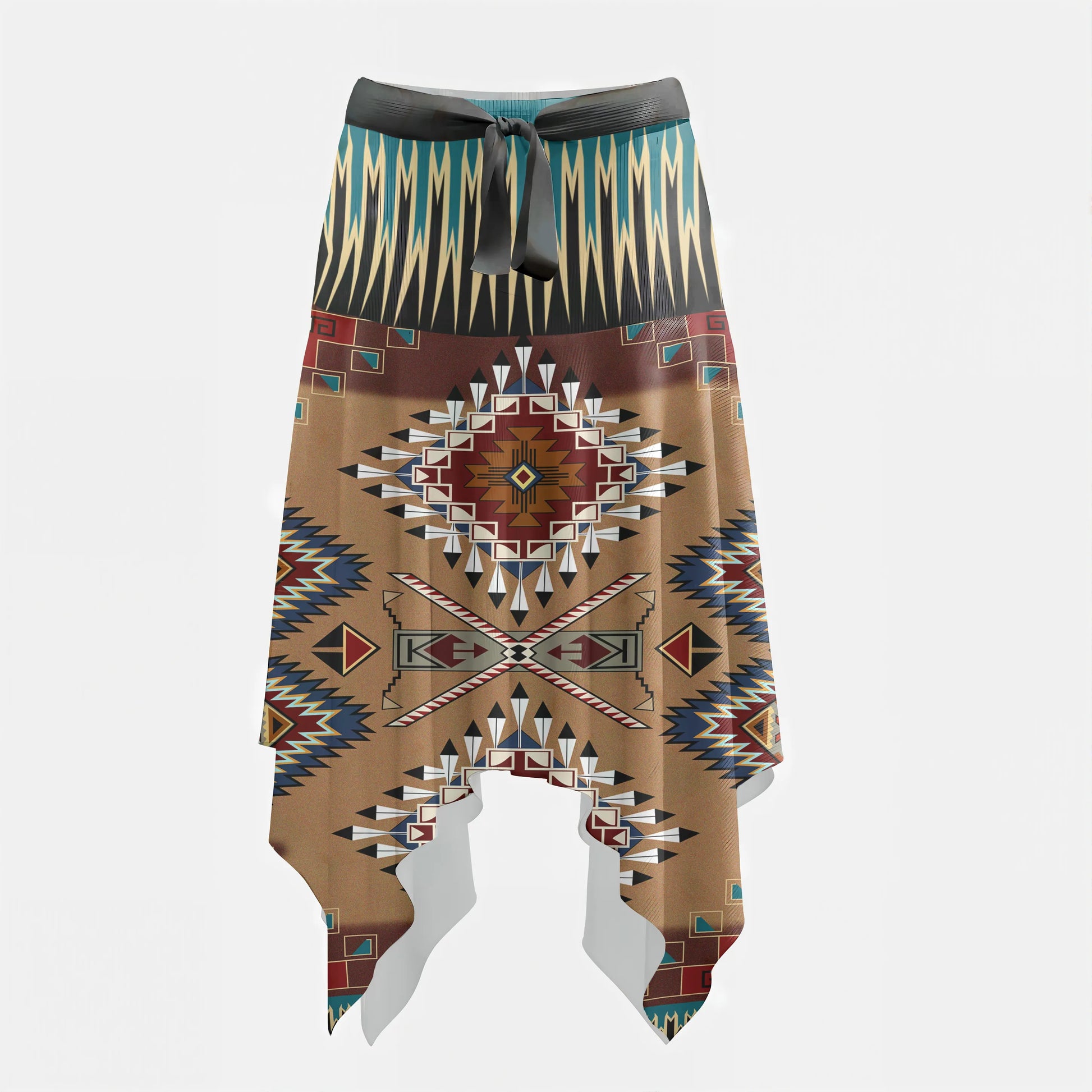 Front view of an asymmetrical midi skirt with Native American Navajo Aztec geometric patterns and a teal waist detail.