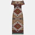 Full-length view of a women's off-shoulder maxi dress with Native American Navajo Aztec geometric patterns in earthy tones.