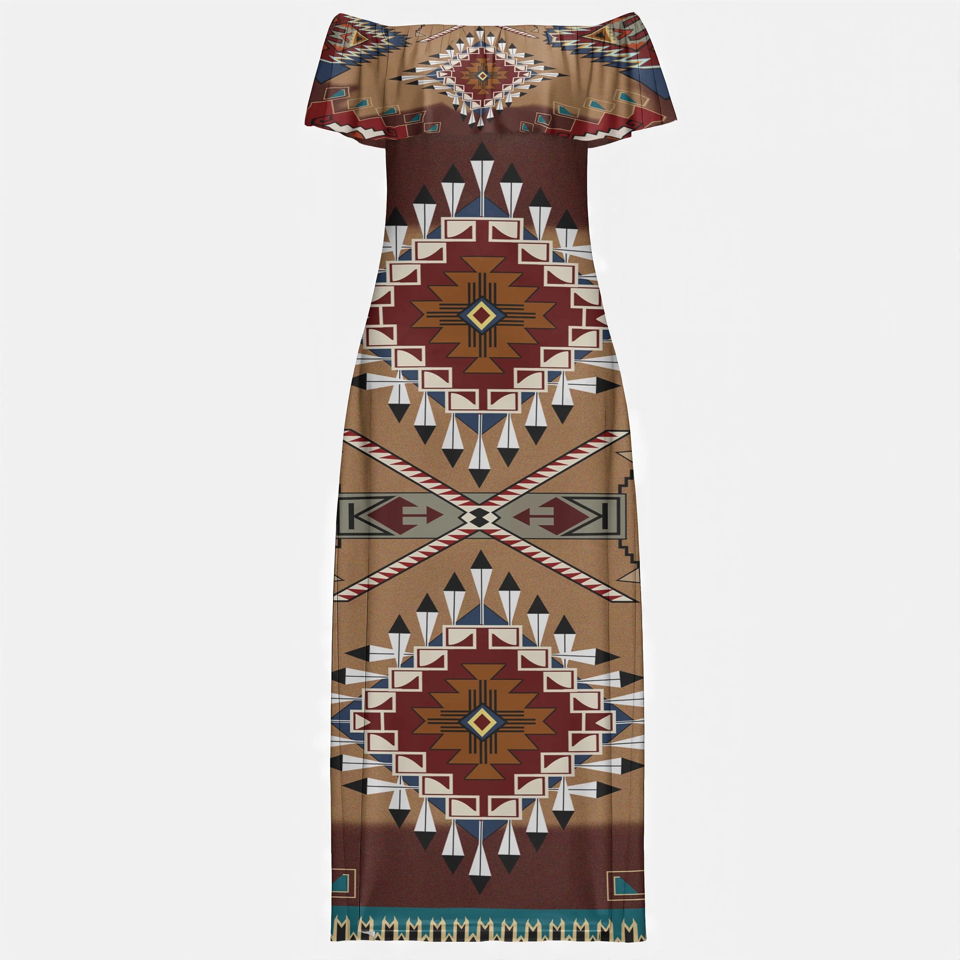Full-length view of a women's off-shoulder maxi dress with Native American Navajo Aztec geometric patterns in earthy tones.
