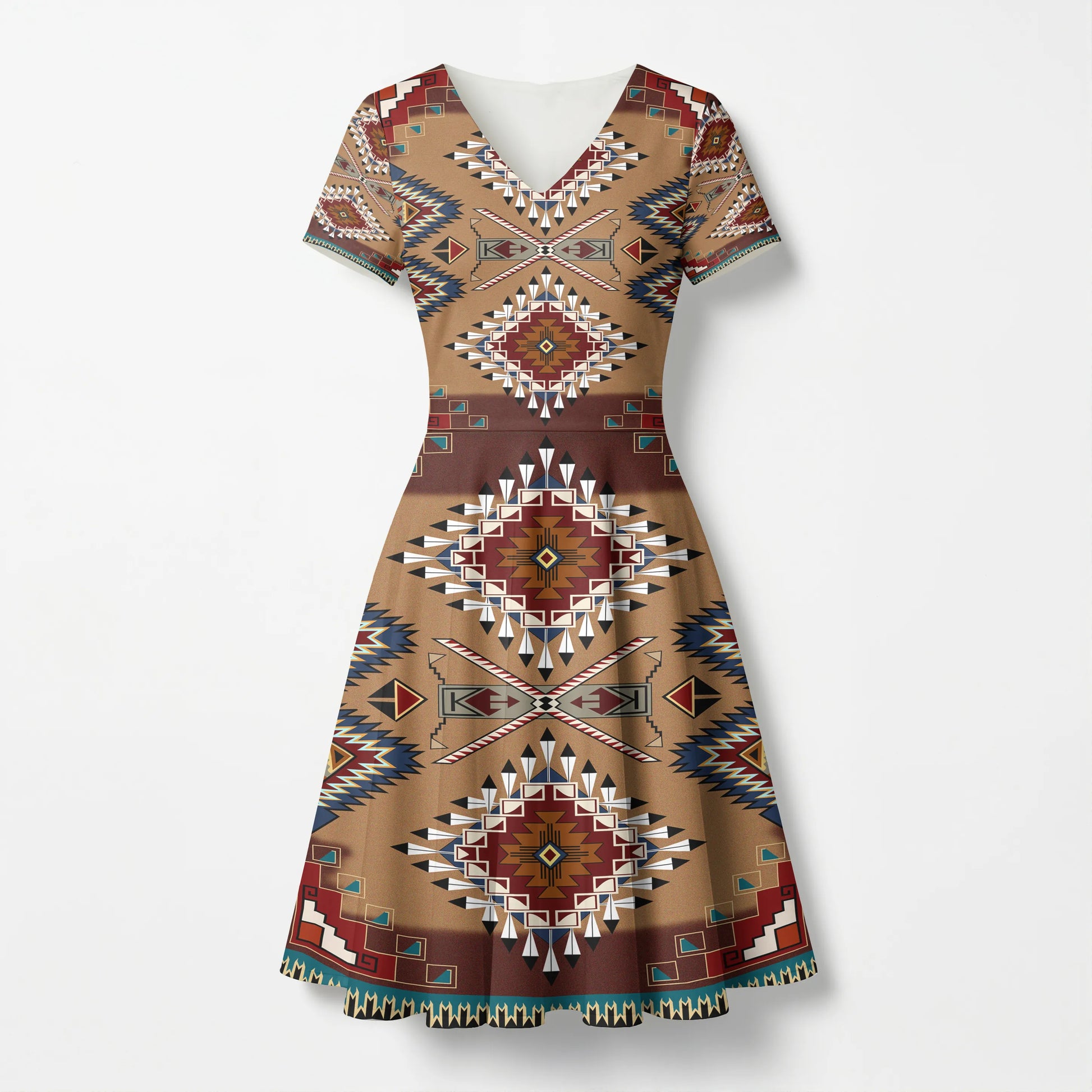 Full-length view of a women's V-neck A-line dress with Native American Navajo Aztec geometric patterns in earthy tones.
