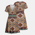 Front view of a women's V-neck mini dress with Native American Navajo Aztec geometric patterns in earthy tones.