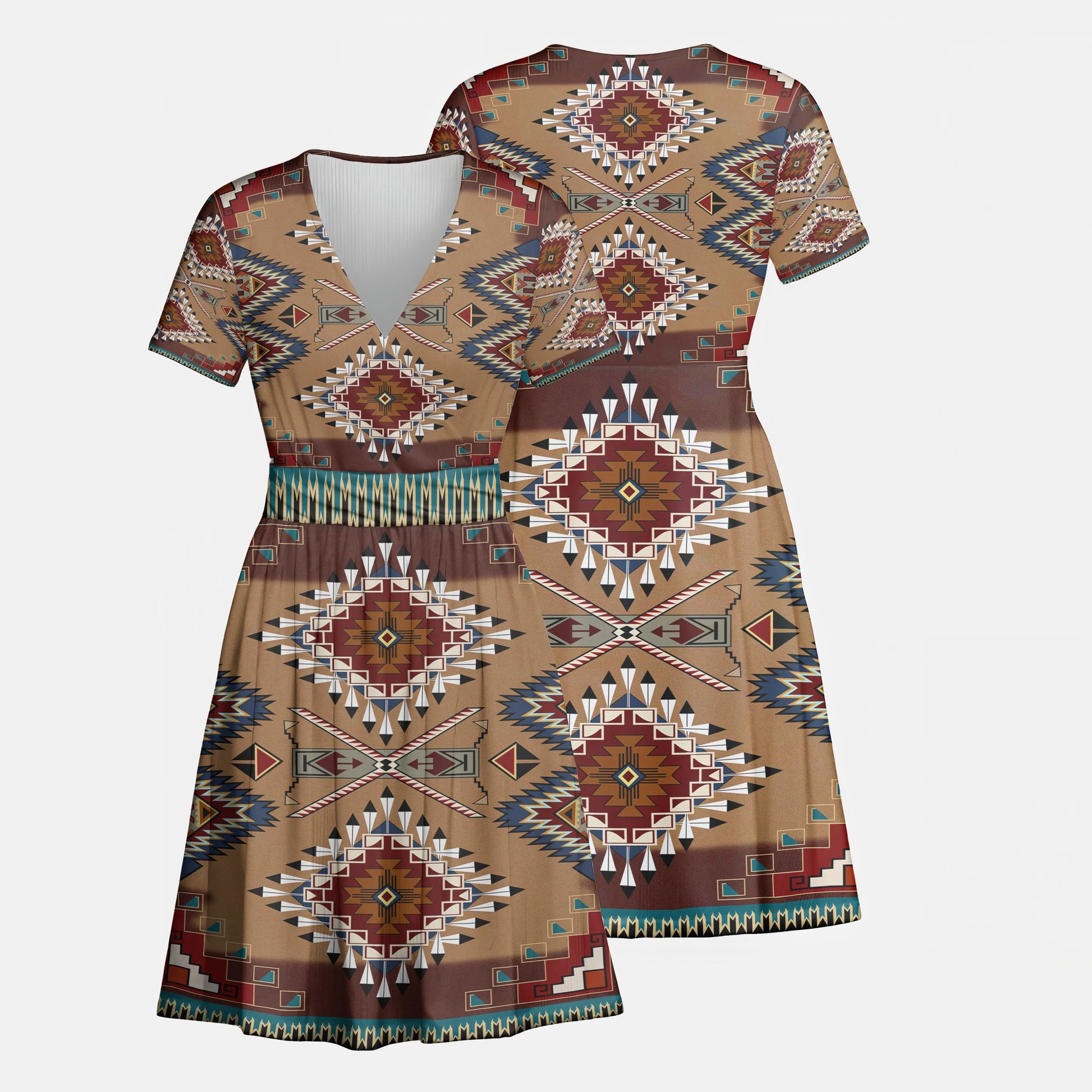 Front view of a women's V-neck mini dress with Native American Navajo Aztec geometric patterns in earthy tones.