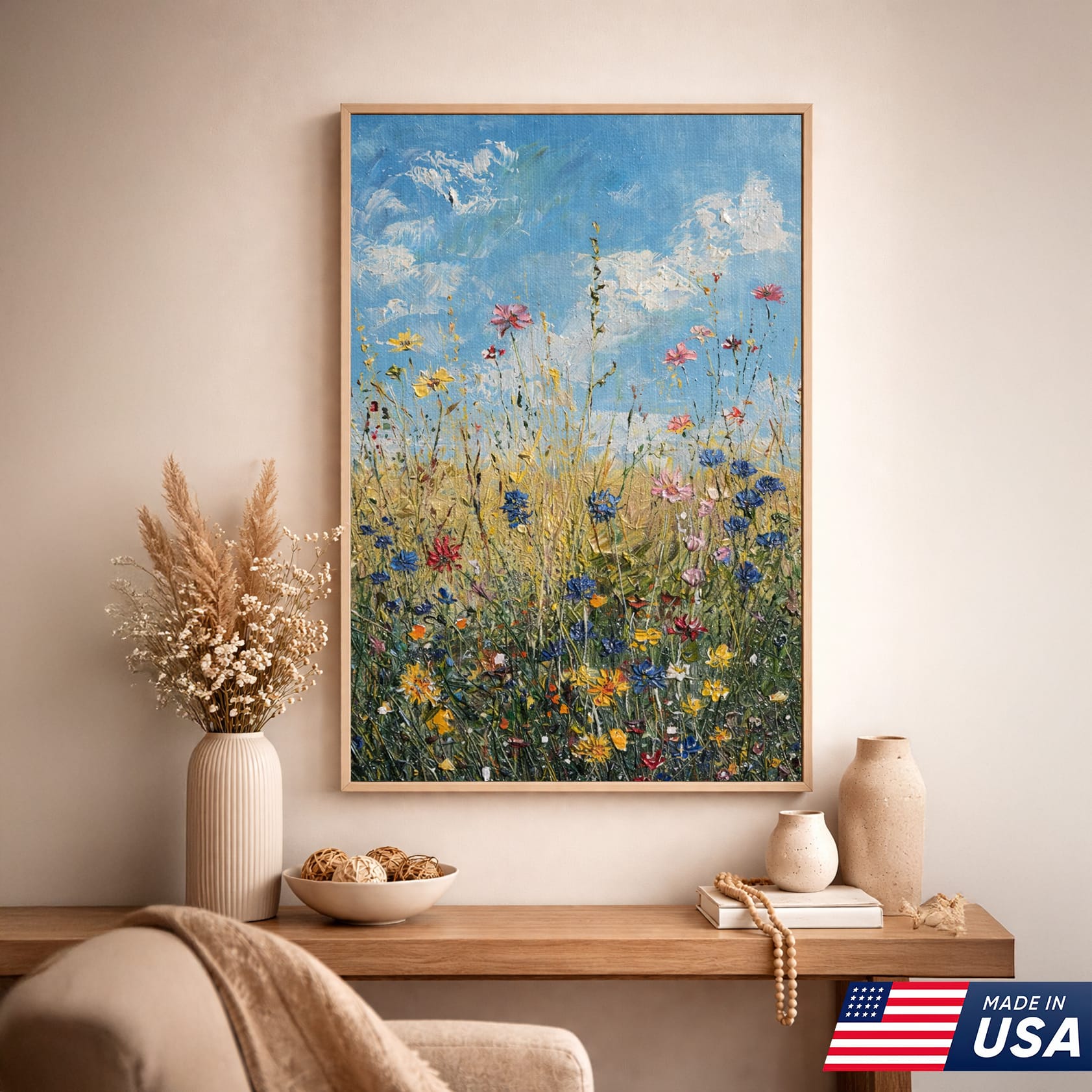 Wildflower Meadow Canvas Art | Blue Sky Floral Field – RezSpirit
