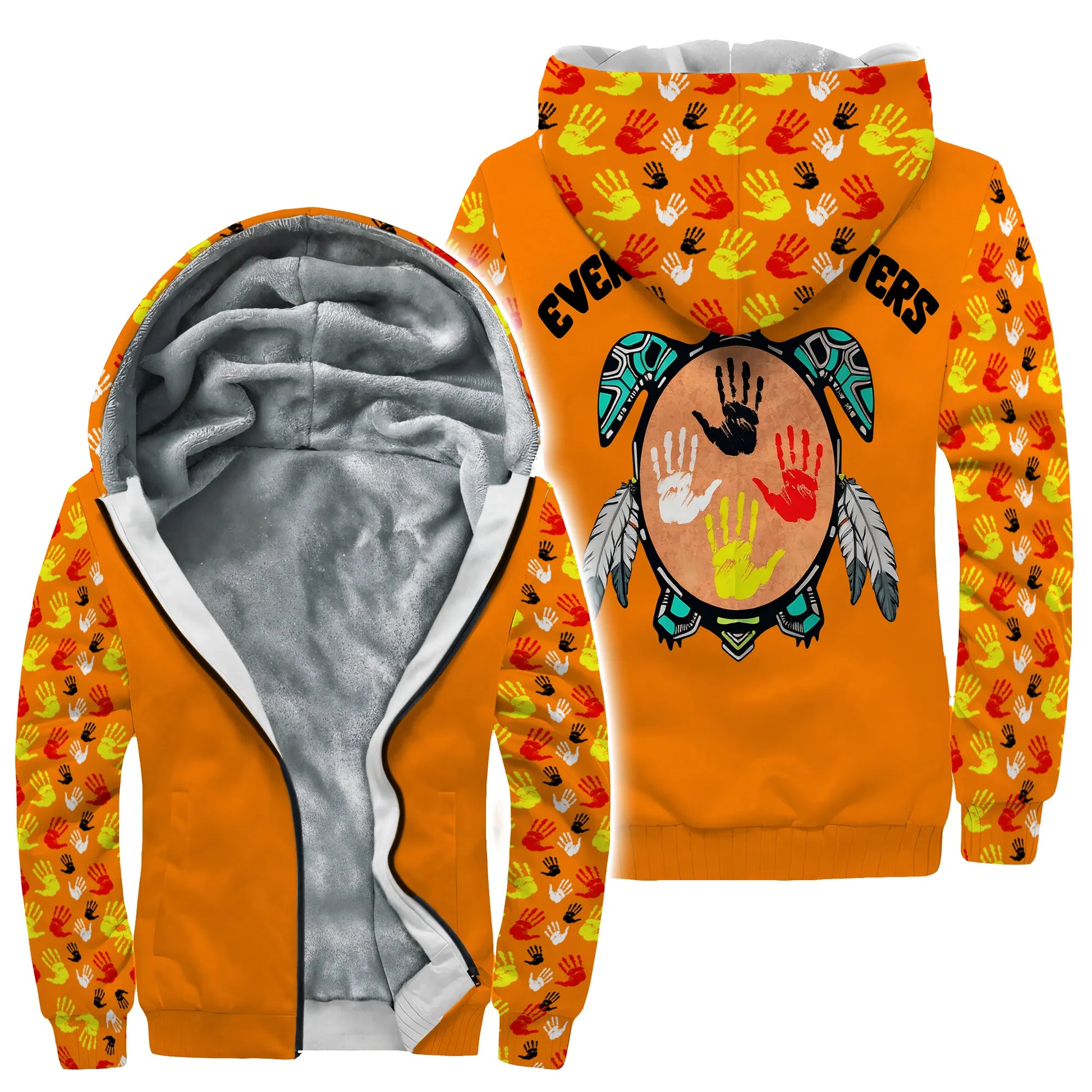 Orange long‑sleeve crewneck with Pacific Northwest handprint pattern and turtle handprint drum graphic