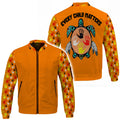 Orange bomber jacket featuring full‑sleeve multicolor handprints and turtle drum back design