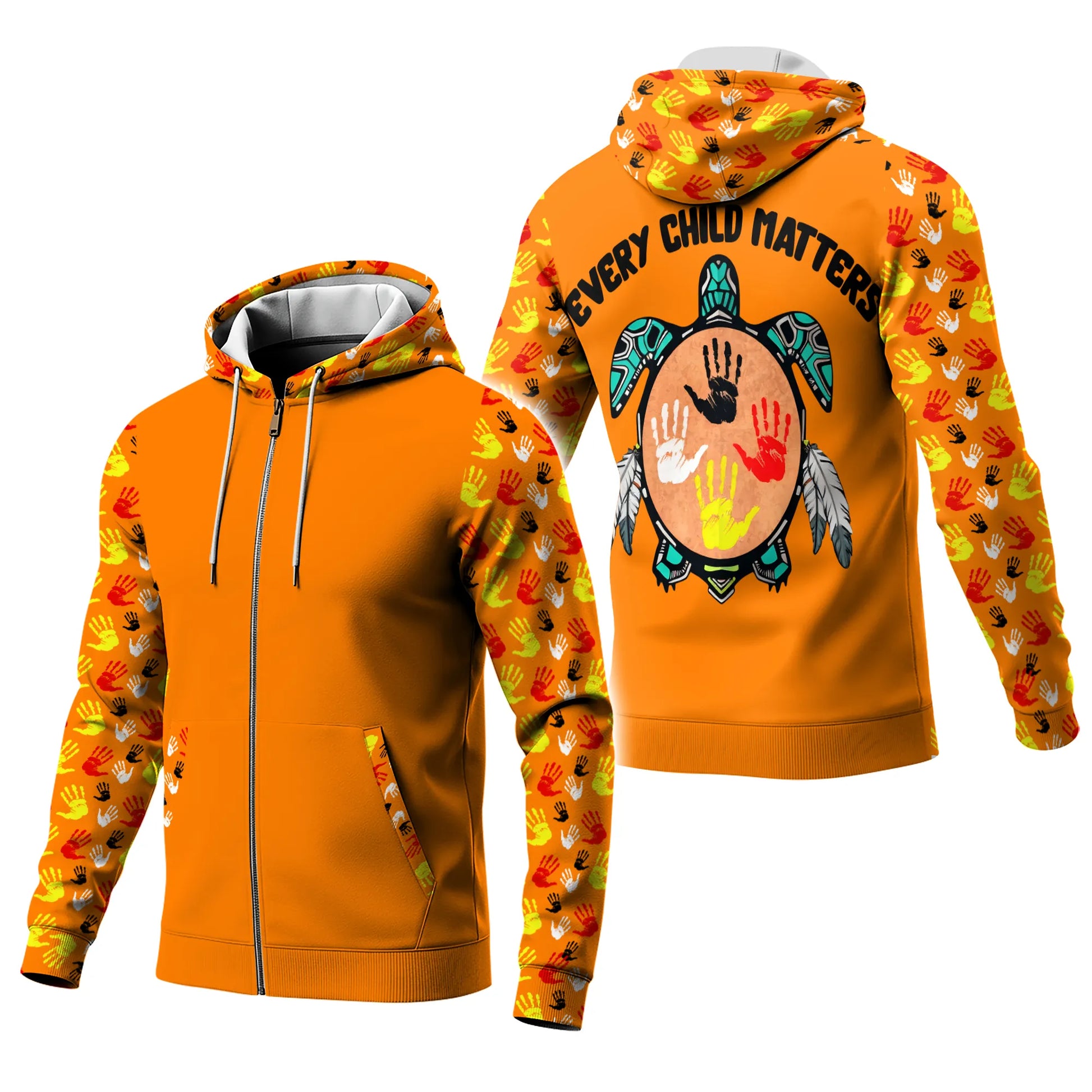 Orange zip‑up hoodie with handprint sleeves and “Every Child Matters” turtle back graphic