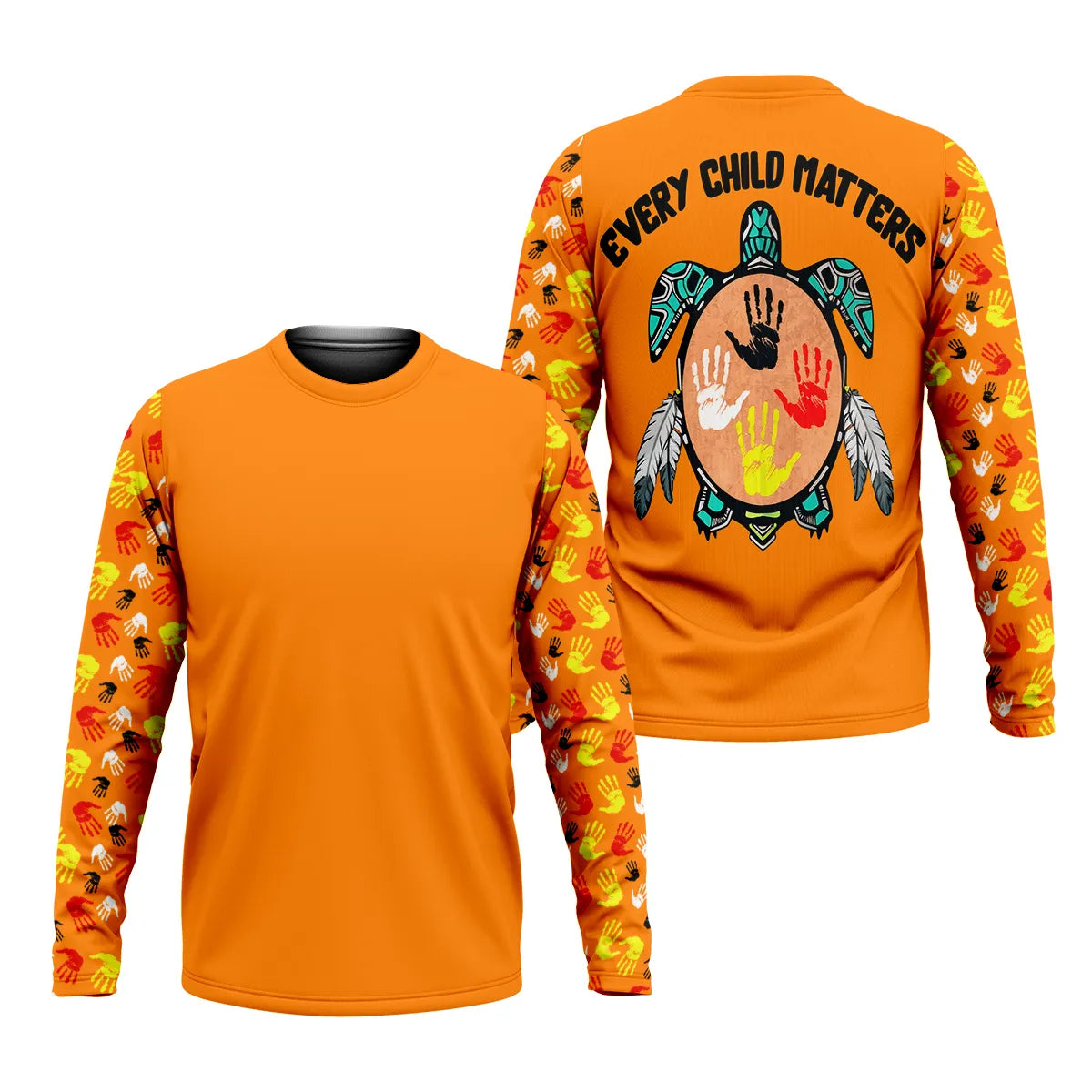 Orange long‑sleeve Tshirt with Pacific Northwest handprint pattern and turtle handprint drum graphic