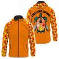 Orange windbreaker jacket with hood, handprint sleeves, and “Every Child Matters” turtle drum motif