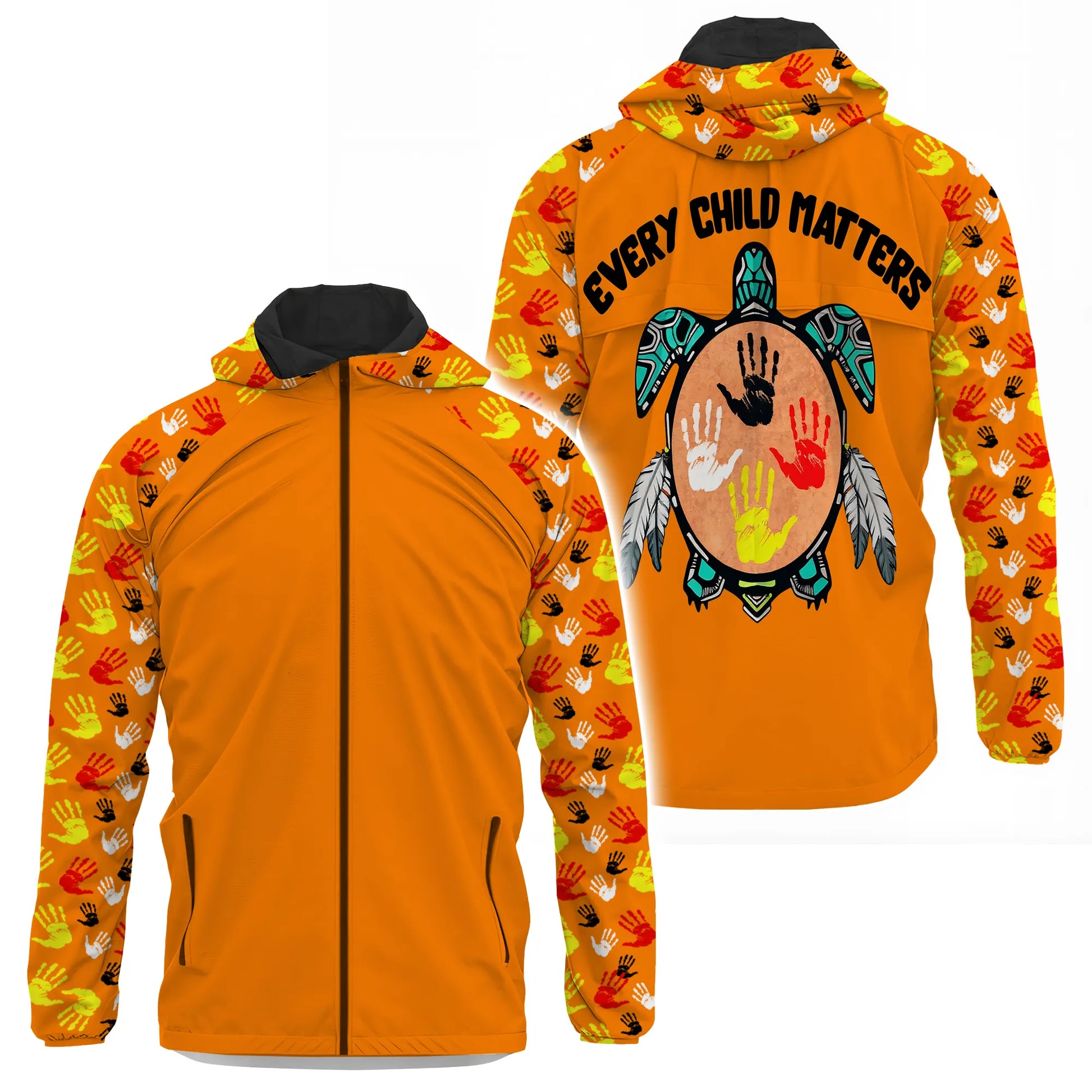Orange windbreaker jacket with hood, handprint sleeves, and “Every Child Matters” turtle drum motif