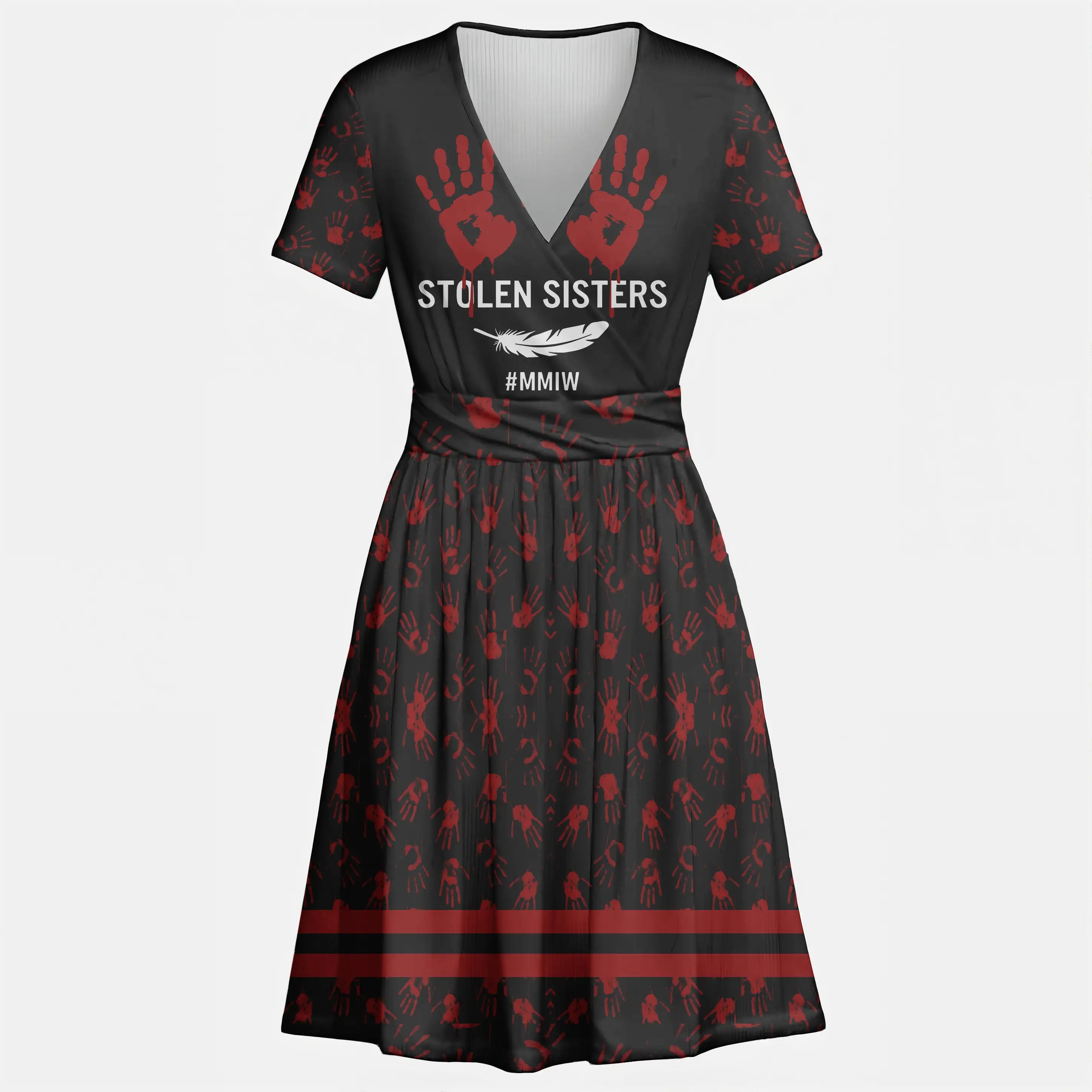 Native America Women’s Dress & Skirt No More Stolen Sisters for Cultural Events, V-Neck Dress with Waist Tie / S