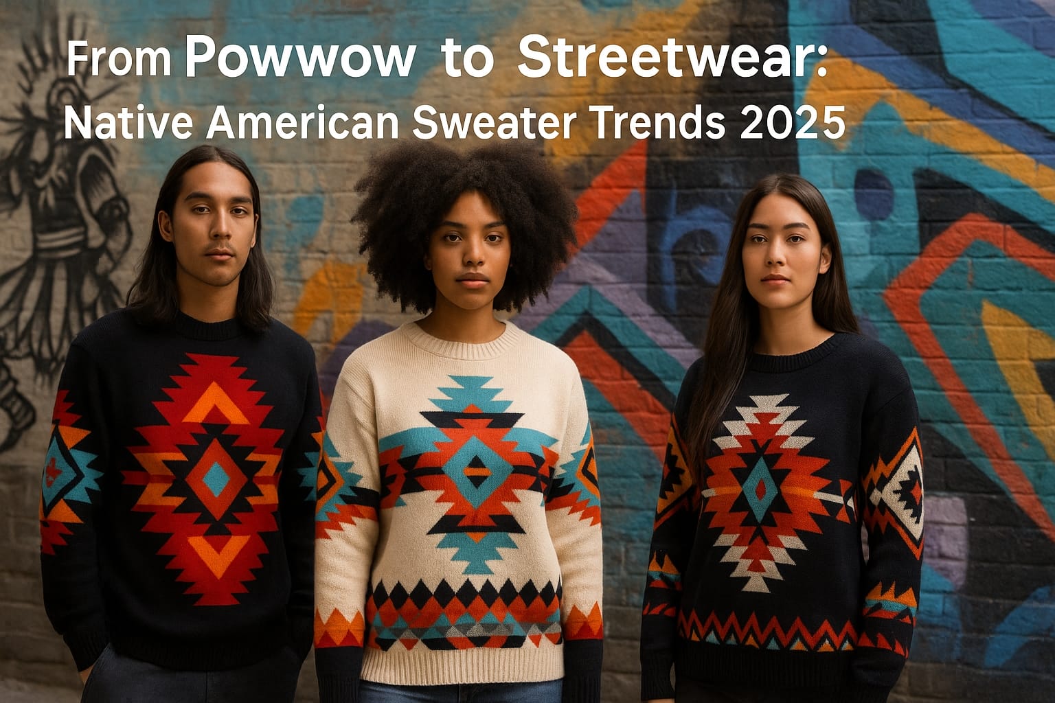 Three models stand side by side in front of a brick wall painted with colorful Native American motifs. Each dress pays tribute to the beauty and symbolism of Native American textiles.