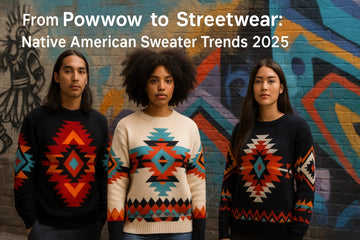 Three models stand side by side in front of a brick wall painted with colorful Native American motifs. Each dress pays tribute to the beauty and symbolism of Native American textiles.
