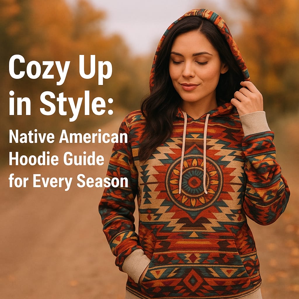 Woman standing on a woodland path in autumn wearing a colorful, geometric Native American–inspired hoodie; overlay text reads ‘Cozy Up in Style: Native American Hoodie Guide for Every Season’