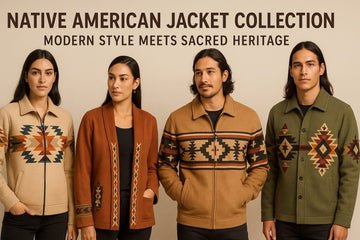 Four models wear Native American–inspired jackets: beige zip-front with geometric diamonds, rust open-front cardigan with tribal trim, camel-tan zip-up with Southwestern stripes, and olive-green shacket with central diamonds and arrows.