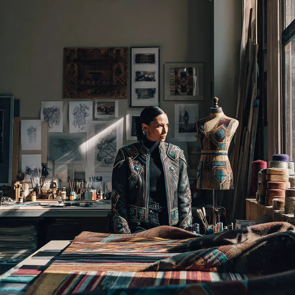 A Native American fashion designer stands in a sunlit studio, draping a contemporary leather jacket inspired by traditional beadwork