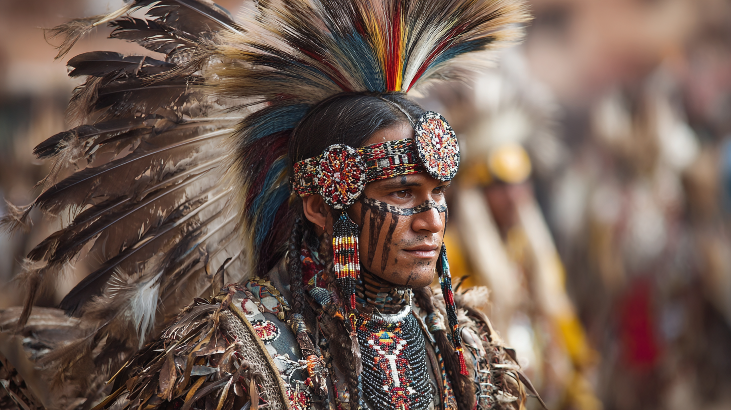 A close-up of a male Powwow dancer’s face and magnificent regalia, wearing a multicolored feather headdress, traditional face paint, and striking beaded jewelry.