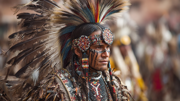 A close-up of a male Powwow dancer’s face and magnificent regalia, wearing a multicolored feather headdress, traditional face paint, and striking beaded jewelry.