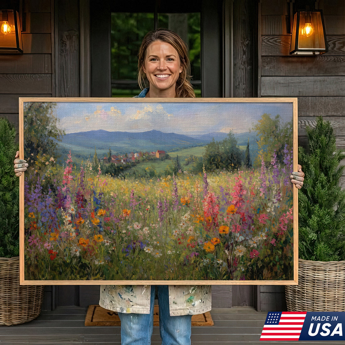 Flowering Hillside Framed Canvas – Abundant Village Landscape