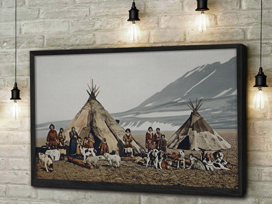 Tribal Family With Teepee Painting, Native America Canvas Wall Art