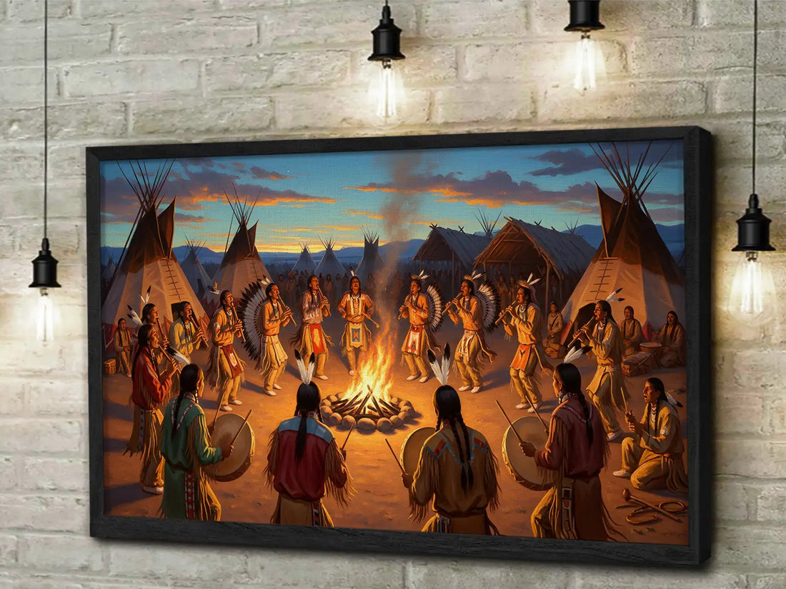 Indigenous Canvas Wall Art,  Native America Tribal Fire Dance Scene