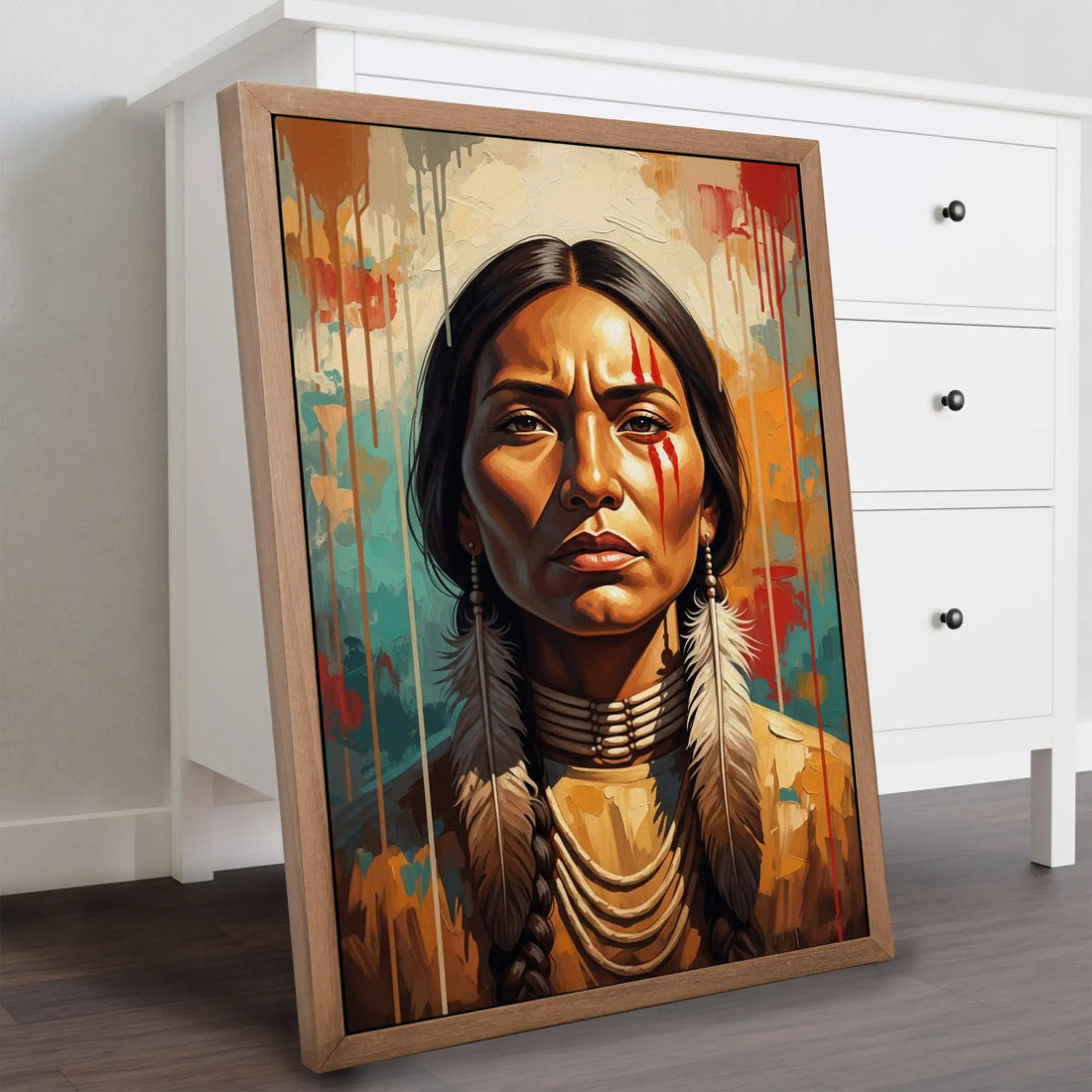 Tribal Warrior Portrait Painting, Indigenous Feather Canvas