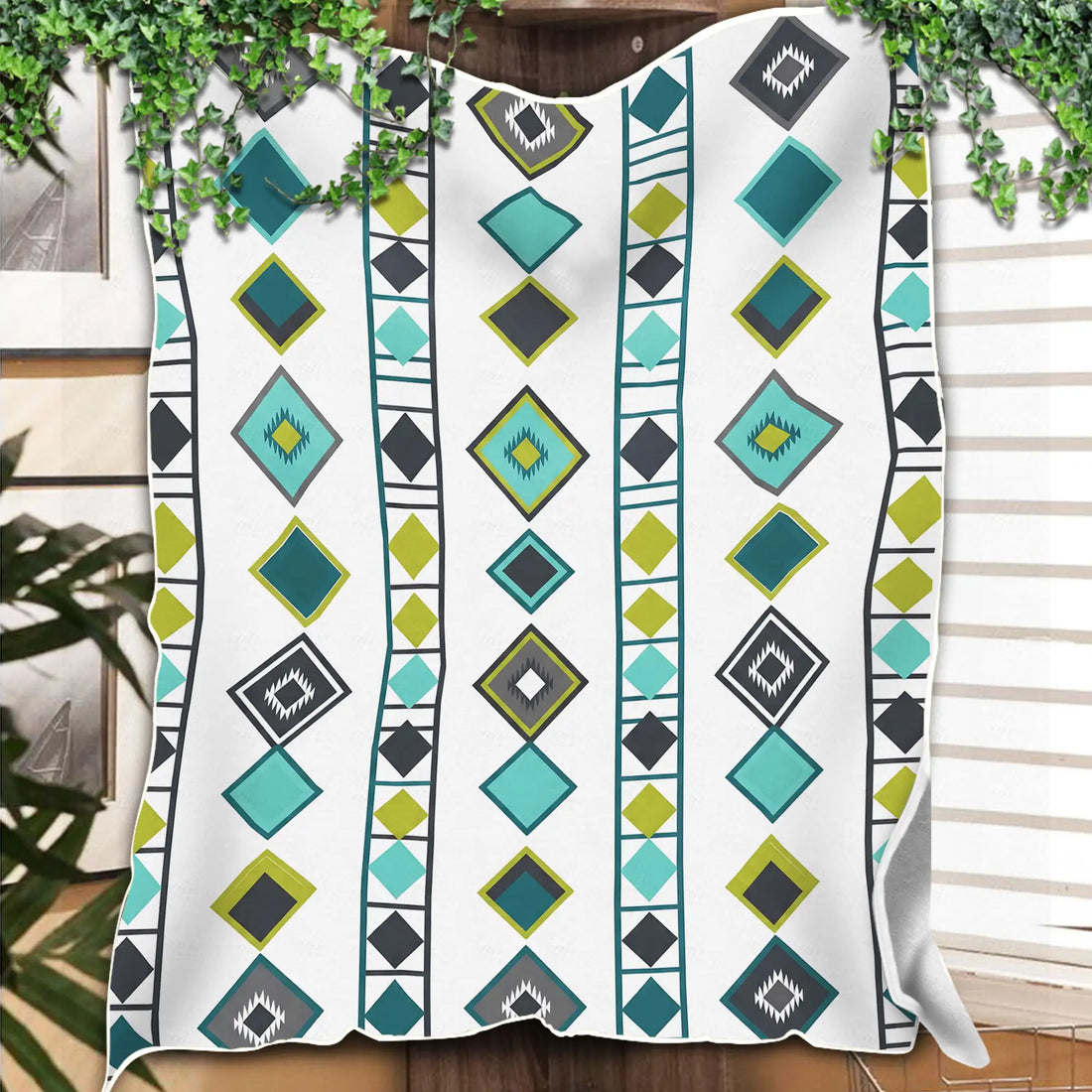 Teal Grey Throw With Diamond Pattern, Retro Indigenous Vibes Blanket