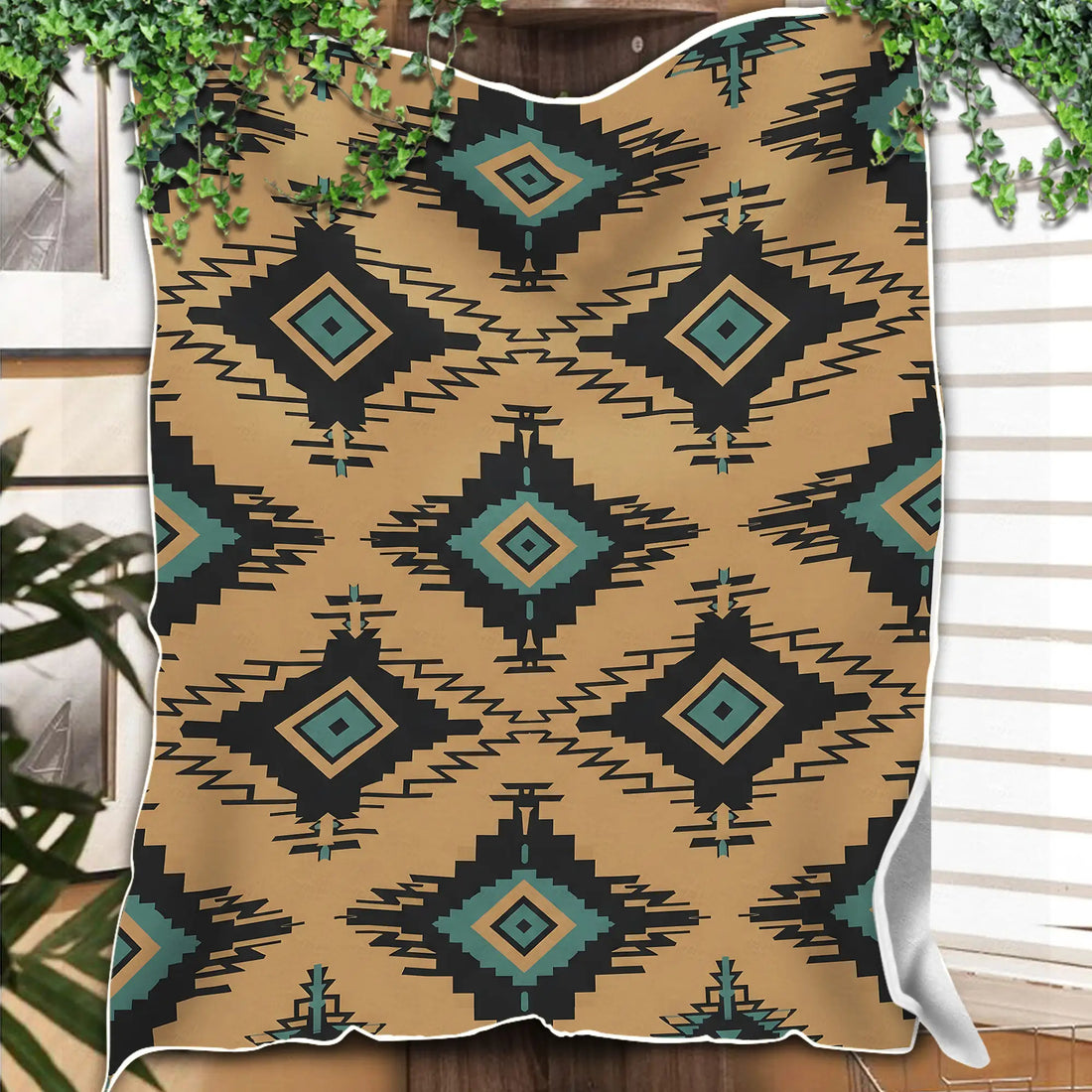 Indigenous Tribal Blanket, Tan Black Diamond Pattern Cozy Sofa Throw