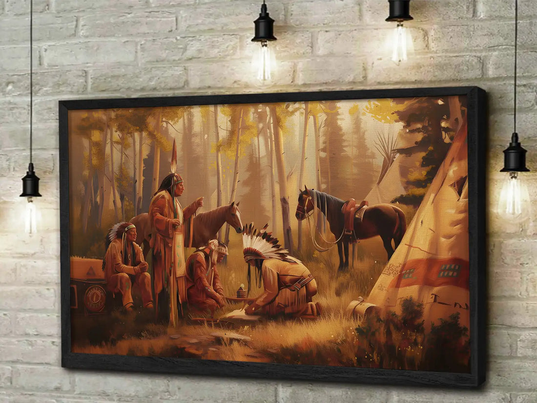 Tribal Chiefs Gathering with Horses, Cultural Canvas Decor, Native American Wall Art