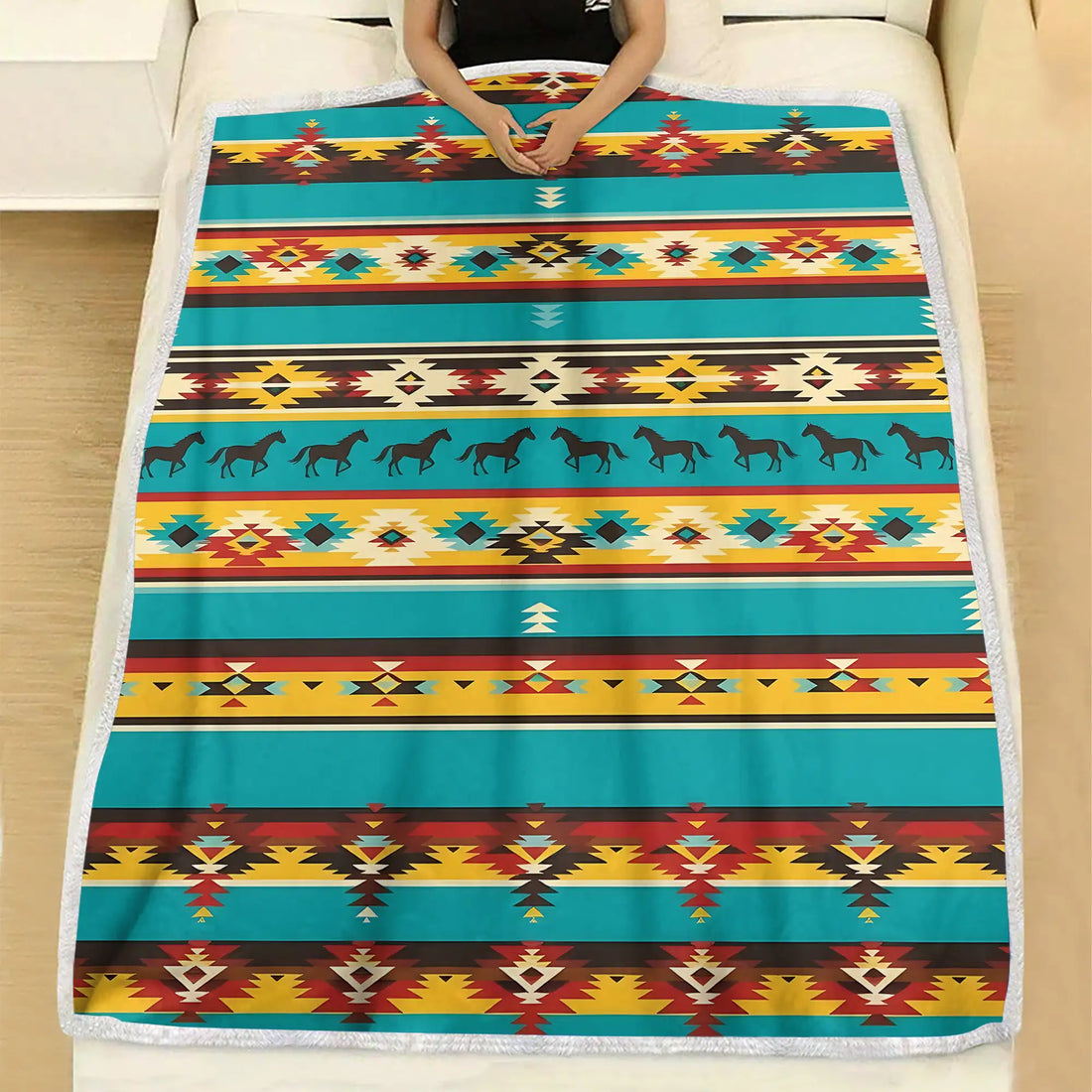 Indigenous Bedding Decor With Horse Pattern, Native America Blanket