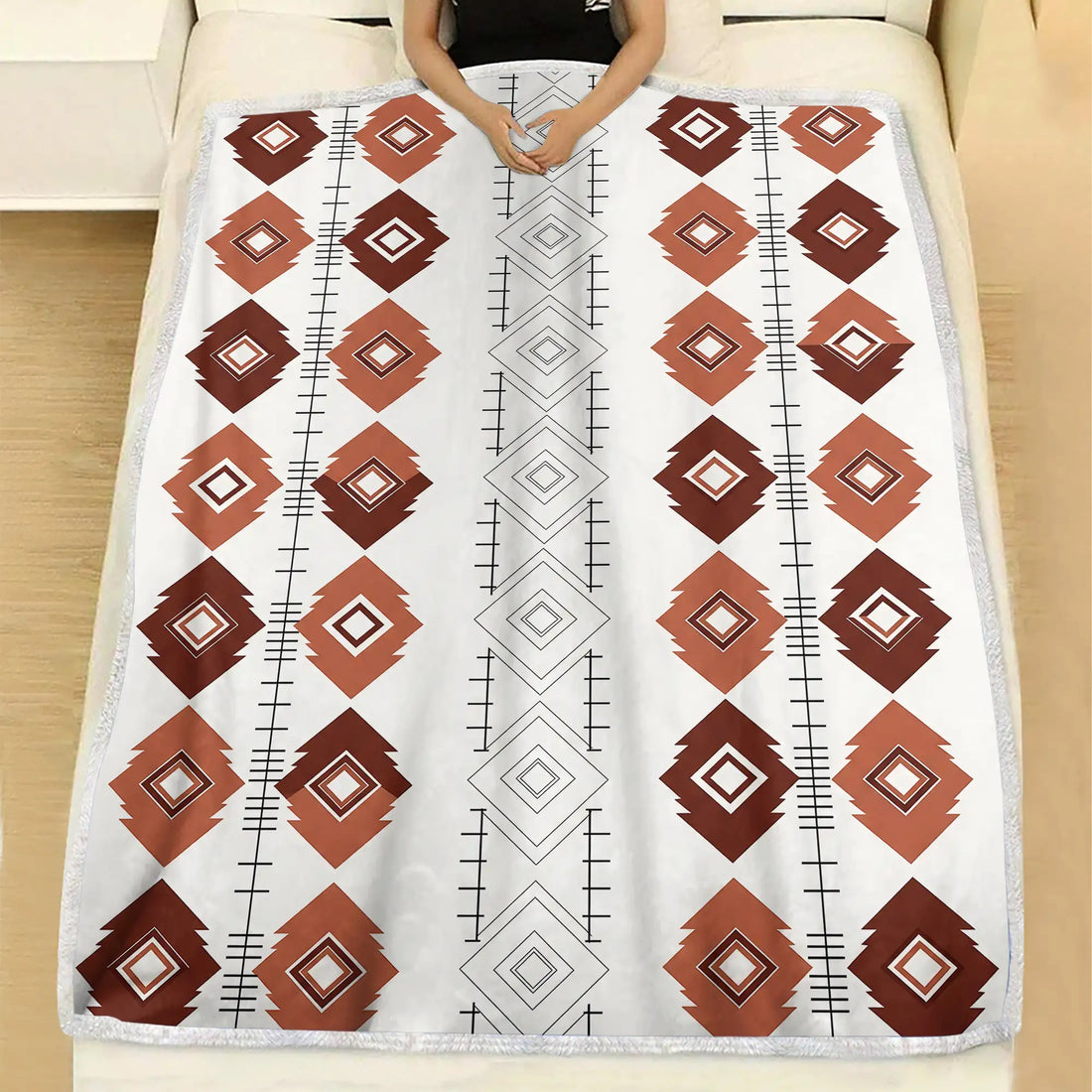 Native America Blanket With Brown Red Geometric Diamond Pattern