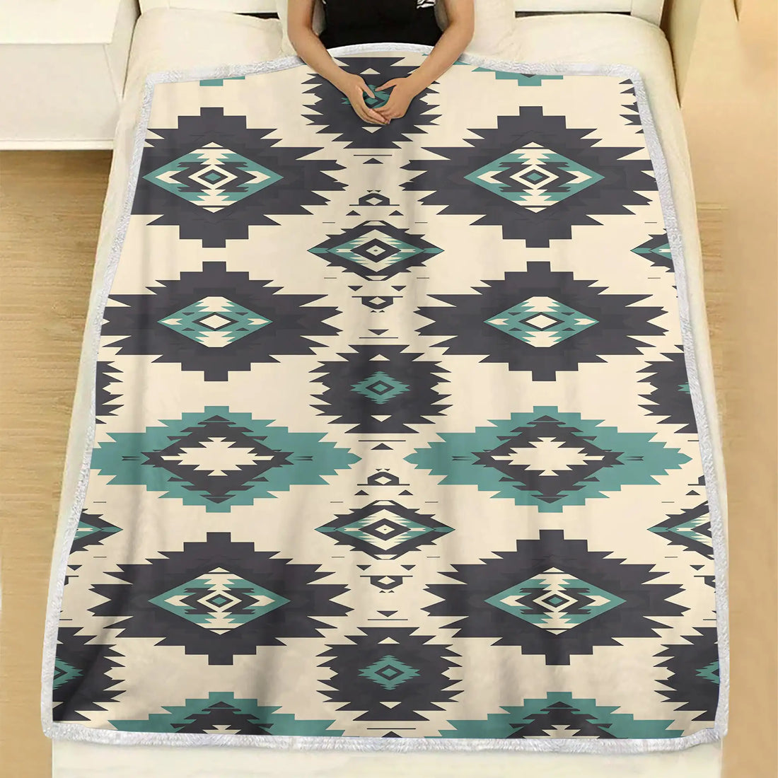 Indigenous Tribal DiamondBlanket,  Black Teal Geometric Pattern