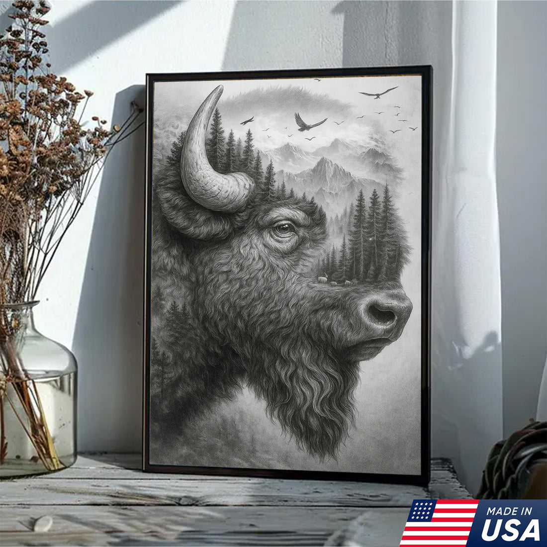Spirit of the Bison Canvas Wall Art, Double Exposure Wilderness Design, Native American Totem Symbol of Strength and Earth Connection